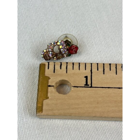 Sugar Skull Rhinestone Stud Earrings Red Rose Gold Tone Skeleton Design - Picture 5 of 7
